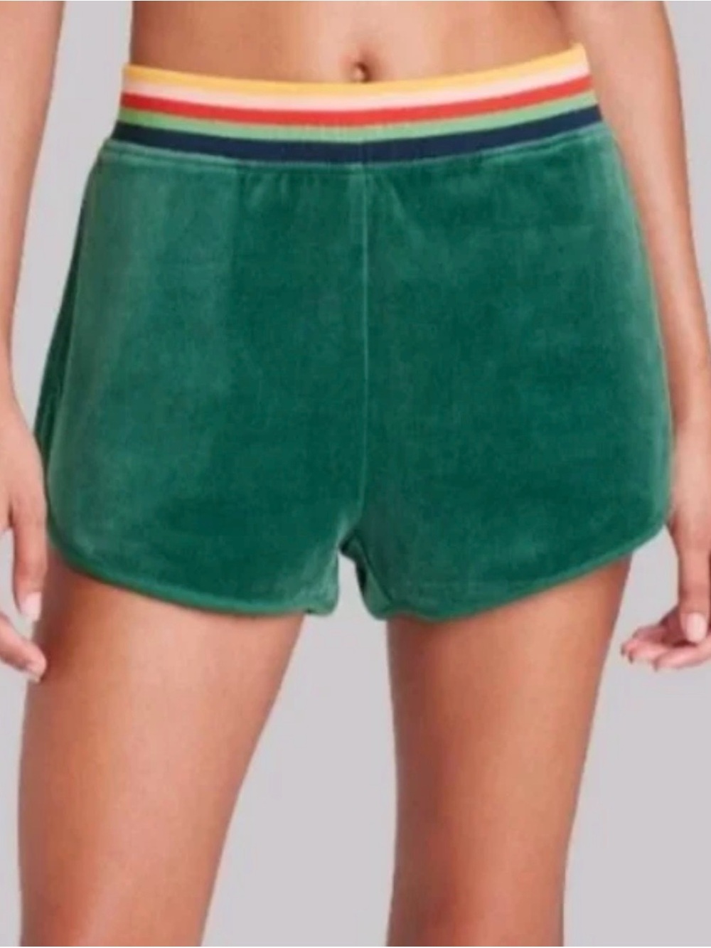 Wide Fable Green Velvet Lounge Shorts with Rainbow Waistband